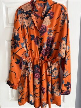 Boohoo Orange FALL Floral Drawstring Waist Tunic SILKY SLIMMING / kimono sku 66